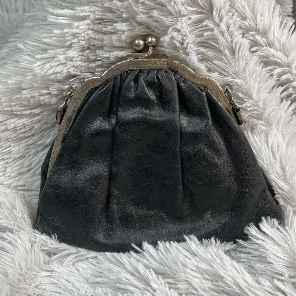 Vintage Black Leather Clutch, Silver Frame With Details, No Strap, Blue Lining